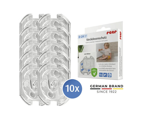 reer Steckdosenschutz zum Kleben, 10 Stück, transparent, Kindersicherung für Steckdosen.