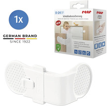 Weiße Schubladensicherung aus Kunststoff für Schränke und Schubladen von Reer inklusive Verpackung und Reer Logo.