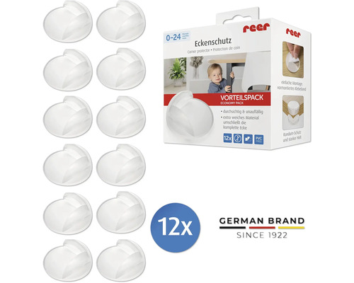 12 transparente Reer Eckenschützer aus weichem Material im Vorteilspack für Kindersicherheit an Möbelkanten.