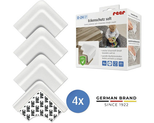 4 weiche Eckenschutz-Protektoren für Kindersicherheit, inklusive Verpackung mit reer Logo, selbstklebend mit 3M-Klebeband.
