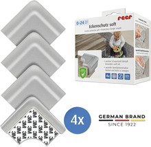 Eckenschutz soft Set von 4 aus weichem Schaumstoff in Grau mit 3M Klebestreifen und reer Logo auf der Produktverpackung.