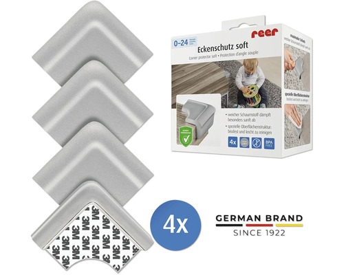 Eckenschutz soft Set von 4 aus weichem Schaumstoff in Grau mit 3M Klebestreifen und reer Logo auf der Produktverpackung.