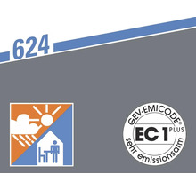Produktinfo 624, geeignet für innen und außen, GEV-EMICODE EC 1 PLUS Siegel für sehr emissionsarme Produkte.