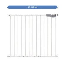 Weißes Tür- und Treppenschutzgitter aus Metall, verstellbar von 75 bis 110 Zentimeter Breite, mit grauem Griff.
