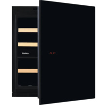 Amica Weinkühlschrank in Schwarz mit Glastür, Holzregalen und digitaler Temperaturanzeige.