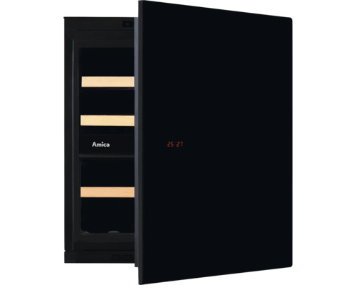 Amica Weinkühlschrank in Schwarz mit Glastür, Holzregalen und digitaler Temperaturanzeige.