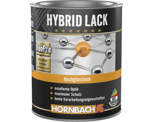 Hornbach Hybrid Lack, Hochglanzlack für innen und außen, DuoPro Acryl-Alkyd-Symbiose, Farbmischcenter Mix, Metallgebinde, Hornbach Logo.