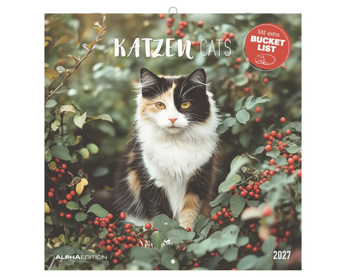 Katzenkalender 2027 mit einer dreifarbigen Katze in einem Gebüsch, Alpha Edition Logo, Siegel für eine zusätzliche Bucket List.
