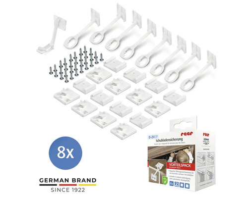 reer Schubladensicherung 8 Stück aus weißem Kunststoff inklusive Schrauben und Montageplatten für Kindersicherheit an Schubladen. reer Logo.