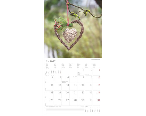 Wandkalender Januar 2027 mit dekorativem Herz aus Zweigen und Beeren, das an einem Ast hängt.