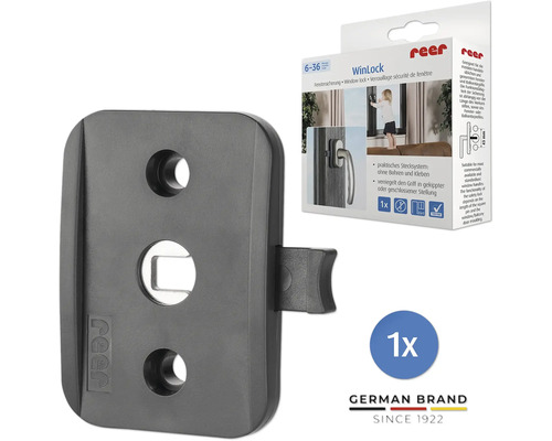 Reer WinLock Fenstersicherung für Fenstergriffe aus Kunststoff in Anthrazit mit Produktverpackung.