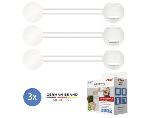 Drei reer Multisicherungen für Schränke und Schubladen inklusive Produktverpackung.