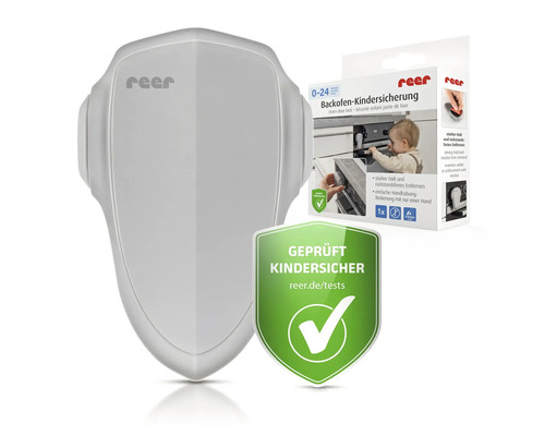 reer Backofen-Kindersicherung aus grauem Kunststoff inklusive Verpackung und Siegel für geprüfte Kindersicherheit.