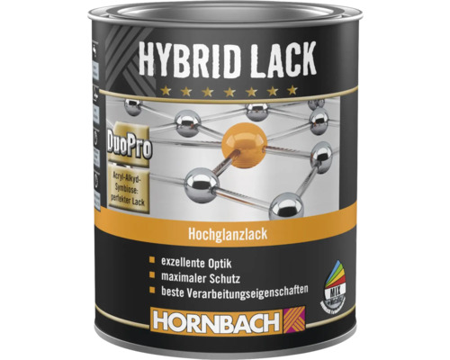 Hornbach Hybrid Lack Hochglanzlack DuoPro auf Acryl-Alkyd-Basis für exzellente Optik und maximalen Schutz. Hornbach Logo.