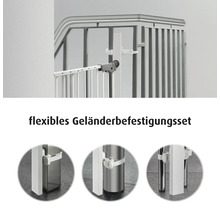 Flexibles Geländerbefestigungsset für Kinderschutzgitter zur Montage an Geländern mit Rundstäben oder Vierkantpfosten.