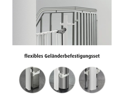 Flexibles Geländerbefestigungsset für Kinderschutzgitter zur Montage an Geländern mit Rundstäben oder Vierkantpfosten.
