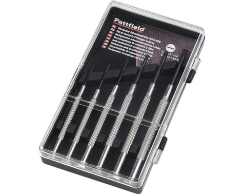 Pattfield Uhrmacher-Schraubendreher-Set, 6-teilig, in einer transparenten Kunststoffbox.