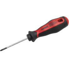 Pattfield Kreuzschlitz-Schraubendreher in Rot und Schwarz mit ergonomischem Mehrkomponentengriff und Stahlschaft.