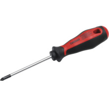 Pattfield Kreuzschlitzschraubendreher mit ergonomischem rot-schwarzem Griff und verchromter Klinge.