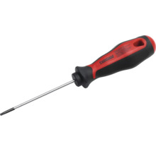 Pattfield Schraubendreher mit ergonomischem Zwei-Komponenten-Griff in Rot und Schwarz und langer Klinge aus Stahl.