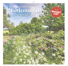 Wandkalender Gartenzauber Gardens 2027 mit Gartenmotiv, Bucket List und Alpha Edition Logo.