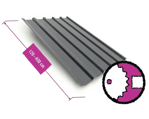 Trapezblech aus Metall in Anthrazit, Länge von 120 bis 400 Zentimeter und Symbol für individuellen Zuschnitt.