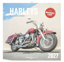 Wandkalender Harleys 2027 von Christian Popkes, Alpha Edition Logo, inklusive Bucket List, Motiv einer roten Harley-Davidson.