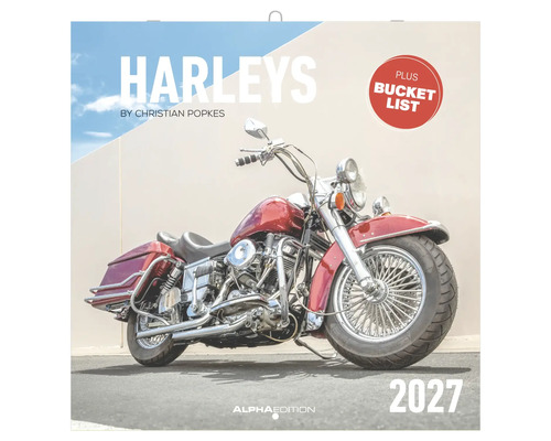 Wandkalender Harleys 2027 von Christian Popkes, Alpha Edition Logo, inklusive Bucket List, Motiv einer roten Harley-Davidson.