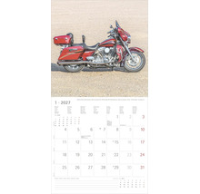 Wandkalender mit einer Abbildung eines roten Motorrads über einem Monatskalendarium für Januar 2027 mit Platz für Notizen.
