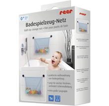 reer Logo auf der Verpackung eines Badespielzeug-Netzes zur Aufbewahrung von Badespielzeug, Montage mit Saugnäpfen, Maße 43 mal 36 Zentimeter.