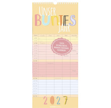 Familienkalender 2027 Unser buntes Jahr mit 5 Spalten für Notizen, Mondphasen, Ferienterminen und Kalenderwochen von Alphaedition.