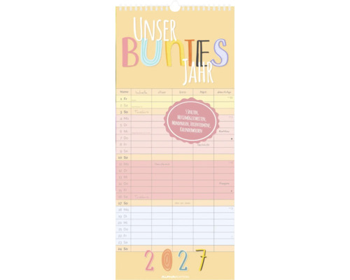 Familienkalender 2027 Unser buntes Jahr mit 5 Spalten für Notizen, Mondphasen, Ferienterminen und Kalenderwochen von Alphaedition.