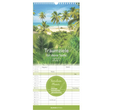 Familienplaner 2027 mit tropischem Strandmotiv, Spalten für mehrere Personen inklusive Feiertage und Ferientermine sowie ALPHAEDITION Logo.