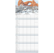 Kalenderblatt Januar mit Winterlandschaft, verschneitem Felsbogen und mehrspaltiger Planer-Tabelle für Termine.