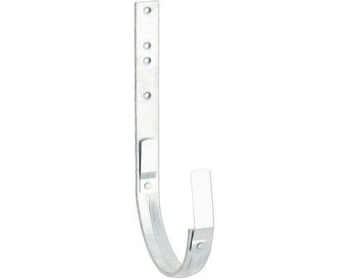 Verzinktes Rinneneisen aus Stahl mit Befestigungslöchern und Federklemmen für Dachrinnen.