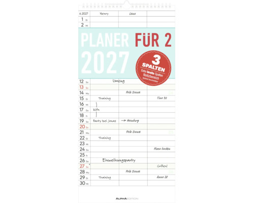 Planer für zwei Personen für das Jahr 2027 mit drei Spalten für Termine und Notizen von Alpha Edition.