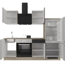 Küchenzeile mit Backofen, Dunstabzugshaube und Kühlschrank, offene Schränke zeigen den Stauraum und die Einlegeböden.