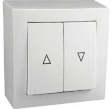 Aufputz-Jalousieschalter aus Kunststoff in Weiß mit zwei Wippen und Pfeilsymbolen.