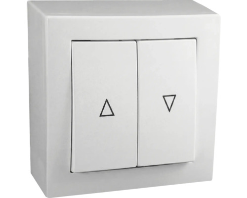 Weißer Aufputz-Rollladenschalter mit zwei Wippen und Pfeilsymbolen für Auf und Ab.