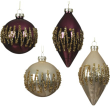 Weihnachtsbaumschmuck aus Glas, Kugeln und Tropfen mit goldenem Glitzermuster.