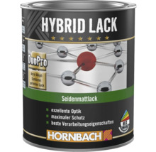 Hornbach Hybrid Lack Seidenmattlack, DuoPro Technologie auf Acryl-Alkyd-Basis für exzellente Optik und maximalen Schutz, Hornbach Logo.