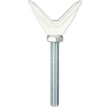 V-Auflage mit Gewindebolzen und Sechskantmutter aus Metall und weißem Kunststoff.