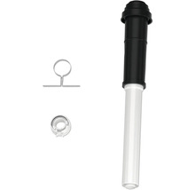Konzentrisches Luft-Abgasrohr Set aus Kunststoff und Metall mit Rohrschelle und Abdeckring für Heizungsanlagen.