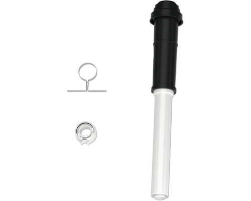 Konzentrisches Luft-Abgasrohr Set aus Kunststoff und Metall mit Rohrschelle und Abdeckring für Heizungsanlagen.