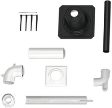 Set aus Abgasleitungskomponenten bestehend aus Rohren, Bogen, Wanddurchführung, Montageschiene und Zubehör.