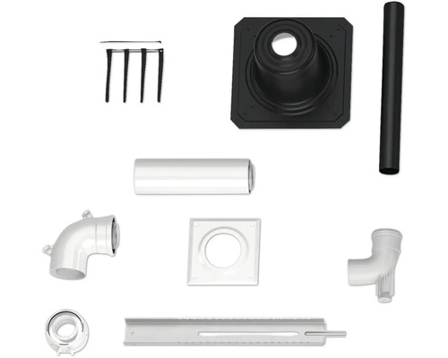 Set aus Abgasleitungskomponenten bestehend aus Rohren, Bogen, Wanddurchführung, Montageschiene und Zubehör.