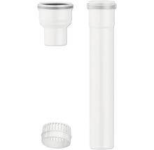 Set aus weißem Kunststoff für Siphons bestehend aus Anschlussstück, langem Tauchrohr und Siebeinsatz für den Abfluss.