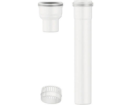 Set aus weißem Kunststoff für Siphons bestehend aus Anschlussstück, langem Tauchrohr und Siebeinsatz für den Abfluss.