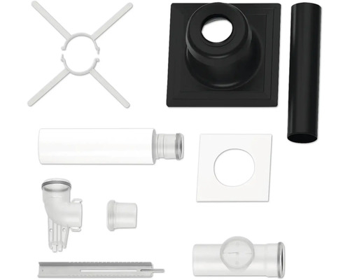 Set aus Kunststoff- und Metallteilen für Sanitär- oder Lüftungssysteme, bestehend aus Rohren, Winkeln, Grundplatte und Montagematerial.