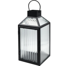 Schwarze Metalllaterne mit geriffeltem Glas und Henkel.